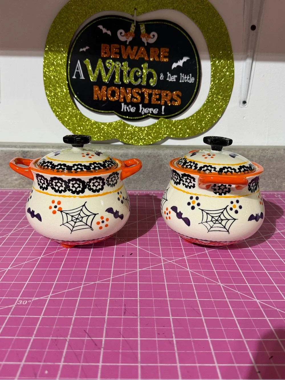 Temptations boofetti Halloween Ceramic crocks with figural lids - orange & black